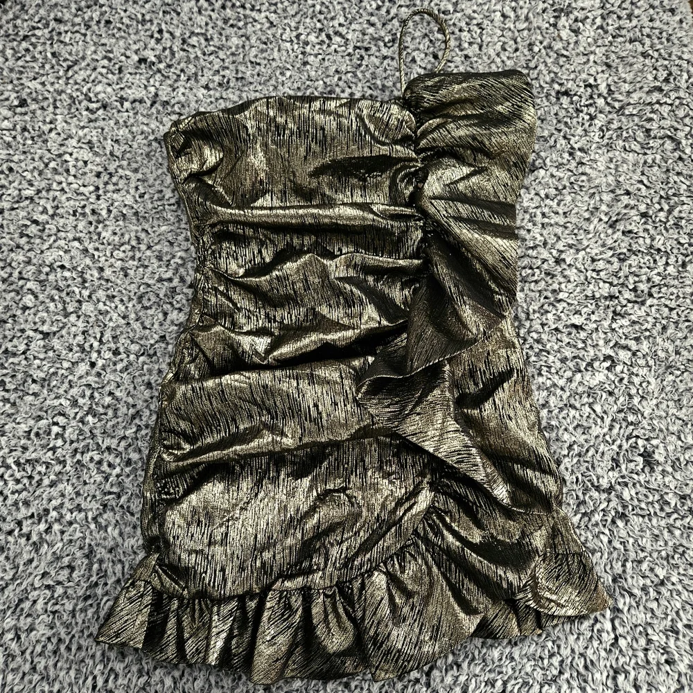 Zara Gold Metallic Mini Dress S Small Sleeveless Ruffled Bow Holiday Party - Picture 5 of 14